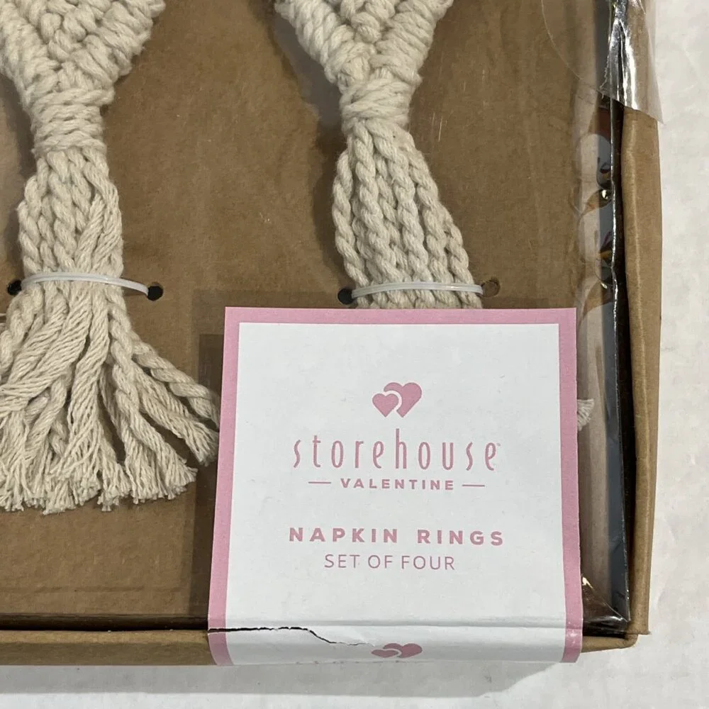 Storehouse Napkin Ring‎ Set Heart Shaped Macrame Yarn & Wood Boho Hippie Love